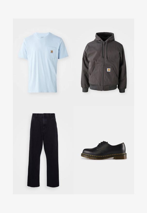 Szürke pamut zipzáras kapucnis pulóver, elülső nagyméretű zsebbel, bordázott mandzsettákkal és derékkal. A kapucnija állítható fűzővel és márkarezsővel rendelkezik.; Világoskék pamut póló kerek nyakkivágással, rövid ujjakkal és egy mellzsebből látható kis négyzet alakú logóval.; Fekete farmernadrág egyenes szárú kialakítással, gombos és cipzáros záródással, övzőkór és minimális varrási részletekkel.; Fekete bőr cipő lekerekített orral, fűzős kialakítással, sárga varrással a talp mentén és masszív, texturált gumi talppal.