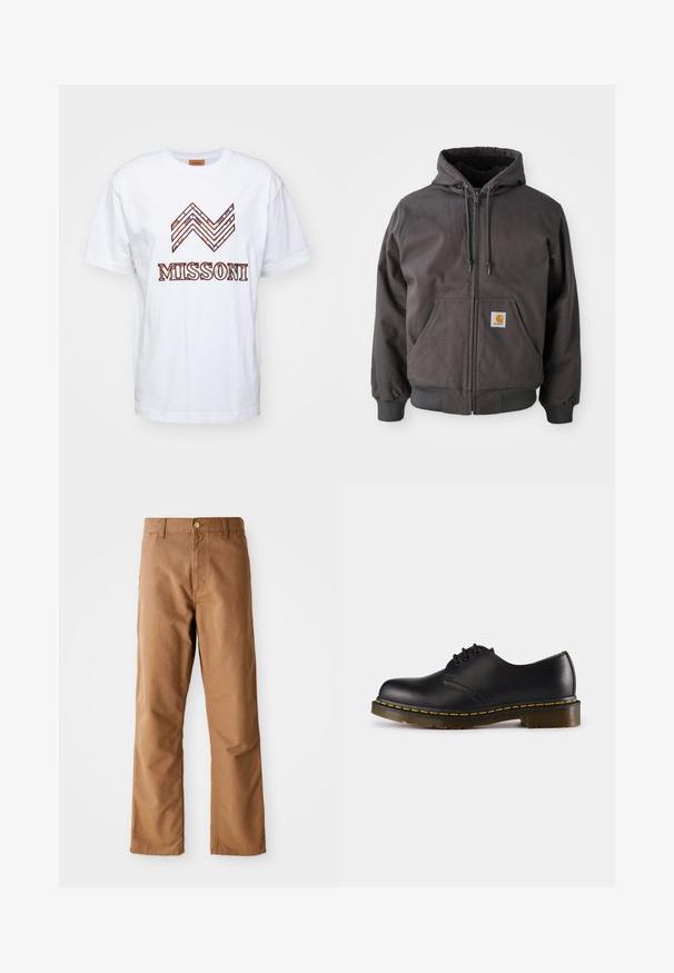 Grå bomull zip-up hettegenser med en stor frontlomme, ribbestrikkede mansjetter og kant. Har snorer på hette og merke-logo-patch.; Hvit bomull t-skjorte med et flerfarget sikksakk-mønster over ordet "MISSONI" i fet, stilisert skrift. Rund hals-design.; Brune rette bukser med bæltestropper, frontlommer, knaplukning og lynlås på en hvid baggrund.; Sorte skinnsko med rund tå, snøringsdesign, gul søm langs sålen og en kraftig, teksturert gummisåle.