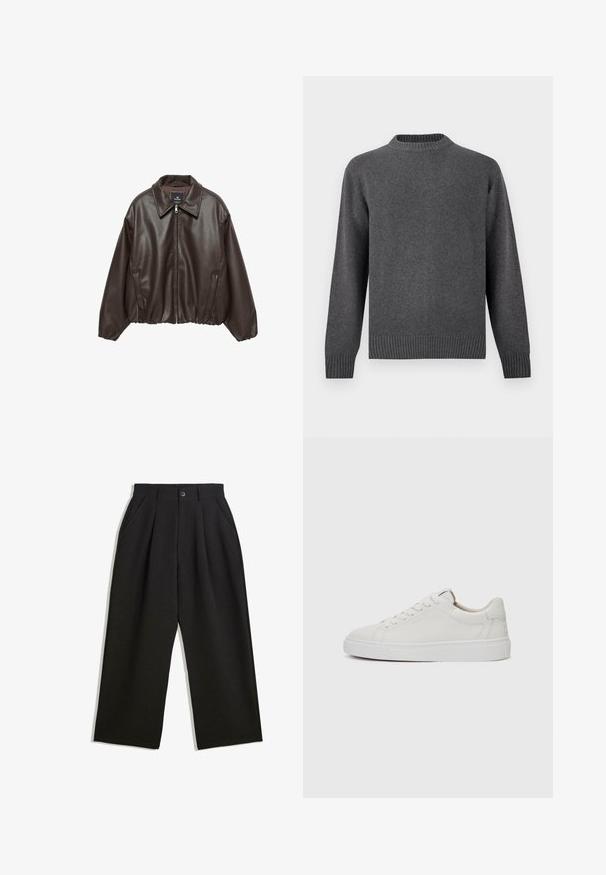 Giacca in similpelle marrone con zip frontale, colletto ampio e maniche a sbuffo. Presenta un orlo a costine e una texture liscia.; Maglione grigio a maglia con collo rotondo, maniche lunghe e polsini e orlo a costine. Texture morbida con una finitura liscia. Design semplice e moderno.; Pantaloni neri con una vestibilità comoda, caratterizzati da pieghe frontali, tasche laterali e chiusura con bottone. Realizzati in tessuto testurizzato.; Sneakers bianchi in pelle, modello low-top, con punta rotonda, suola piatta in gomma bianca e dettagli di cucitura minimalista. Lacci fissati attraverso sei occhielli.