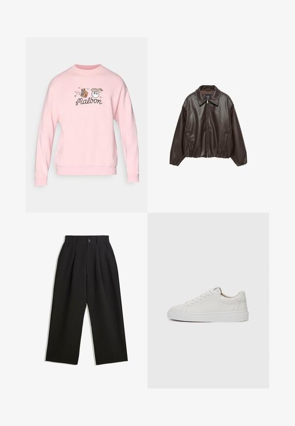 Hnědá faux kožená bunda se zipem vpředu, širokým límcem a vycpanými rukávy. Obsahuje žebrovaný lem a hladkou texturu.; Růžová mikina s potiskem ilustrací psa a postavy s kloboukem, spolu s nápisem "malbon" psaným kurzívou.; Černé kalhoty s uvolněným střihem, s průhyby v přední části, bočními kapsami a zapínáním na knoflík. Vyrobené z texturované látky.; Bílé kožené nízké tenisky s kulatou špičkou, plochou bílou gumovou podrážkou a minimalistickým detailem prošívání. Tkaničky upevněné skrze šest očíček.