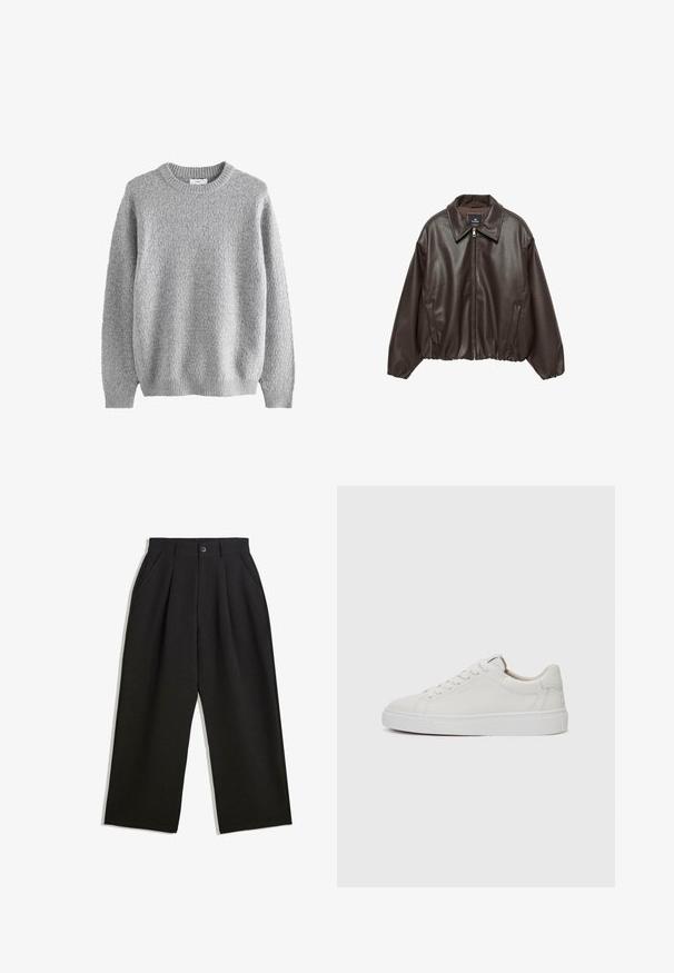 Brun kunstlæderjakke med lynlås foran, bred krave og puffede ærmer. Har ribbet kant og glat tekstur.; Grå strikket sweater med struktureret mønster, rund hals og lange ærmer. Fremstillet af et blødt materiale med ribstrikkede manchetter og kant.; Sorte bukser med en afslappet pasform, der har plisseringer foran, sidelommer og knaplukning. Fremstillet af tekstureret stof.; Hvide læder sneakers med lav skæft, rund tå, flad hvid gummisål og minimalistisk sømdetalje. Snørebånd sikret gennem seks snørrehuller.