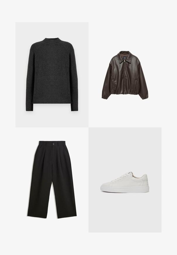 Braune Kunstlederjacke mit einem Reißverschluss vorne, breitem Kragen und gepufften Ärmeln. Sie hat einen gerippten Saum und eine glatte Textur.; Dunkelgrauer gerippter Pullover mit langen Ärmeln, einem Rundhalsausschnitt und einer strukturierten Oberfläche. Er hat eine lockere Passform und seitliche Schlitze am Saum.; Schwarze Hose mit lockerem Schnitt, mit Falten an der Vorderseite, Seitentaschen und einem Knopfverschluss. Hergestellt aus strukturiertem Stoff.; Weiße Leder-Sneaker im Low-Top-Stil mit runder Zehenform, flacher weißer Gummisohle und minimalistischen Steppnähten. Schnürsenkel sind durch sechs Ösen gesichert.