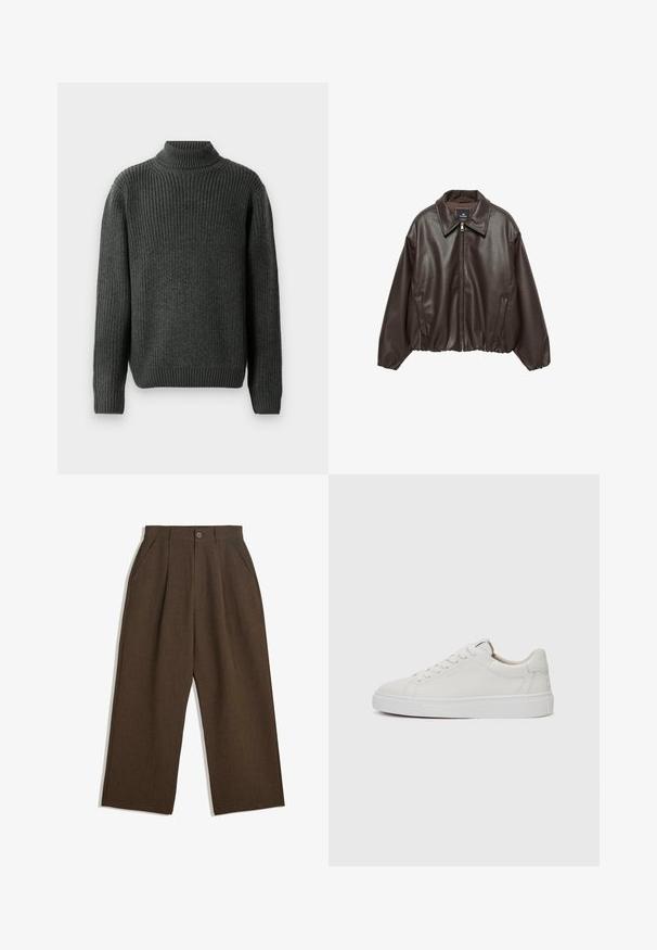 Braune Kunstlederjacke mit einem Reißverschluss vorne, breitem Kragen und gepufften Ärmeln. Sie hat einen gerippten Saum und eine glatte Textur.; Dunkelgrauer, gestrickter Rollkragenpullover mit gerippter Textur, langen Ärmeln und einem eng anliegenden unteren Saum. Die Rückansicht hebt die Nahtdetails hervor.; Braune Plisseehosen mit weitem Bein, ausgestattet mit einem Knopfverschluss und seitlichen Taschen, aus strukturiertem Stoff, der sich gut für Freizeitkleidung eignet.; Weiße Leder-Sneaker im Low-Top-Stil mit runder Zehenform, flacher weißer Gummisohle und minimalistischen Steppnähten. Schnürsenkel sind durch sechs Ösen gesichert.