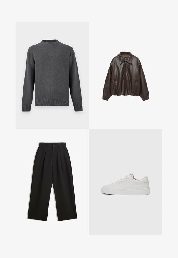 Barna műbőr dzseki cipzárral az elején, széles gallérral és puffos ujjal. Bordázott alja és sima textúra jellemzi.; Szürke kötött pulóver kerek nyakkal, hosszú ujjal, ribbelt mandzsettákkal és aljjal. Puha tapintású, sima felületű. Egyszerű, modern dizájn.; Fekete, lazán szabott nadrág, elöl redőkkel, oldalsó zsebekkel és gombzárral. Texturált anyagból készült.; Fehér bőr, alacsony szárú sportcipő kerek orral, lapos fehér gumitalppal és minimalista varrási részletekkel. A fűzők hat szemre fűzve.