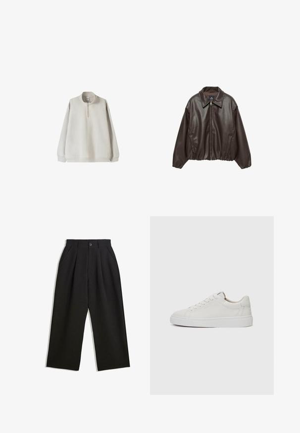 Bruine neplederen jas met een rits aan de voorkant, brede kraag en opgeblazen mouwen. Heeft een geribde zoom en een gladde textuur.; Lichtgrijze pullover sweatshirt met een hoge kraag, een halve rits aan de voorkant en elastische manchetten. Zacht materiaal en een ontspannen pasvorm.; Zwarte broeken met een relaxte pasvorm, voorzien van plooien aan de voorzijde, zijzakken en een knoopsluiting. Gemaakt van textiel met structuur.; Witte leren lage sneakers met een ronde neus, platte witte rubberen zool en minimalistische stikseldetails. Veters vastgemaakt via zes oogjes.