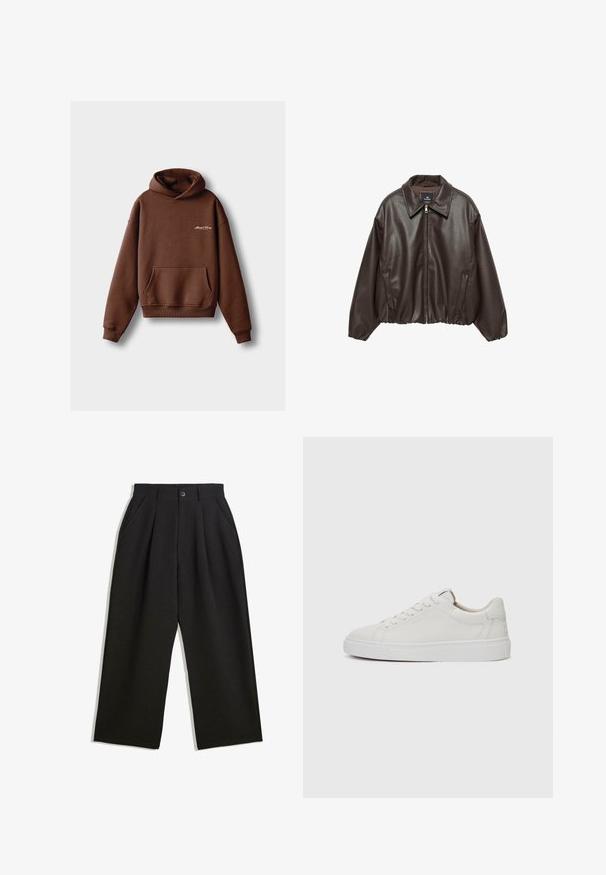 Geaca din piele ecologică maro, cu fermoar în față, guler larg și mâneci bufante. Dispune de un tiv côt și o textură netedă.; Hanorac maro din material moale, cu un buzunar frontal, manșete rib sărite și glugă cu șnur. Include un logo brodat alb.; Pantaloni negri cu o croială lejeră, având pliuri în față, buzunare laterale și închidere cu buton. Fabricat dintr-un material texturat.; Adidași albi din piele, cu vârful rotund, talpă din cauciuc alb plat și detalii de cusătură minimaliste. Șireturile sunt fixate prin șase ochiuri.