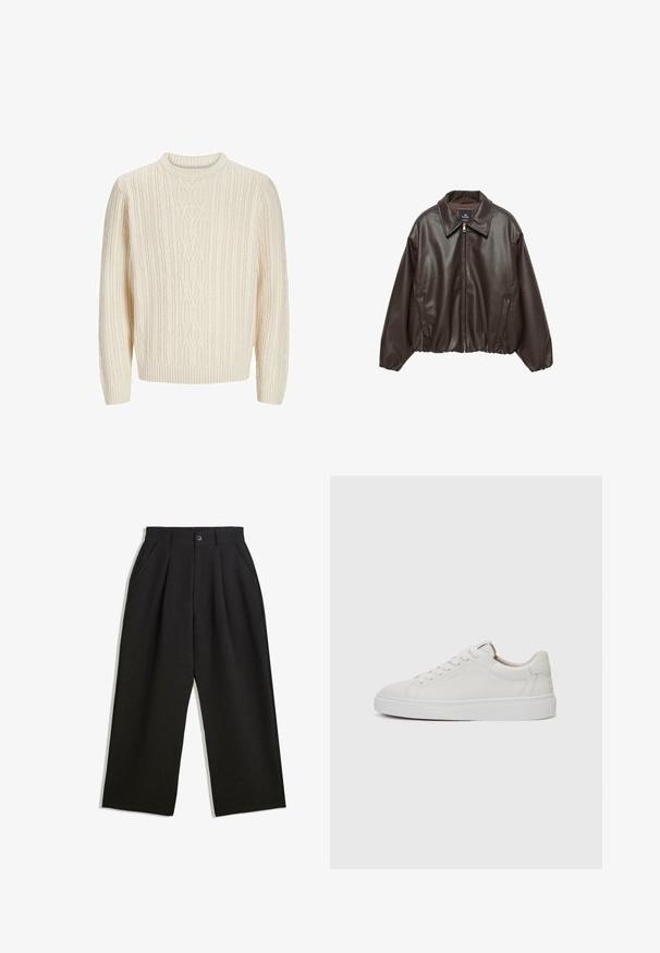 Ruskea tekonahkainen takki, jossa on vetoketjulli etuosa, leveä kaulus ja puffattuja hihoja. Varustettu ribbireunalla ja sileällä pinnalla.; Kermankarya neulepusero, jossa on teksturoitu ribbi-kuvio, pyöreä kaula-aukko sekä ribbaus hihansuissa ja helmassa. Pehmeä, paksu kangas.; Musta housut rentoa istuvuutta, joissa on laskoksia edessä, sivutaskut ja nappisuljenta. Valmistettu teksturoidusta kankaasta.; Valkoiset nahkaiset matalakärkiset lenkkarit, joissa on pyöreä kärki, litteä valkoinen kumipohja ja minimalistinen ommel yksityiskohtana. Nauhat on kiinnitetty kuuden silmukan läpi.