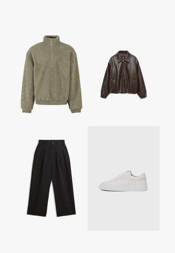 Braune Kunstlederjacke mit einem Reißverschluss vorne, breitem Kragen und gepufften Ärmeln. Sie hat einen gerippten Saum und eine glatte Textur.; Fleece-Pullover in Olivgrün mit einem halben Reißverschluss. Strukturierte Außenseite und gerippte Bündchen und Saum. Lockere Passform sorgt für Komfort.; Schwarze Hose mit lockerem Schnitt, mit Falten an der Vorderseite, Seitentaschen und einem Knopfverschluss. Hergestellt aus strukturiertem Stoff.; Weiße Leder-Sneaker im Low-Top-Stil mit runder Zehenform, flacher weißer Gummisohle und minimalistischen Steppnähten. Schnürsenkel sind durch sechs Ösen gesichert.