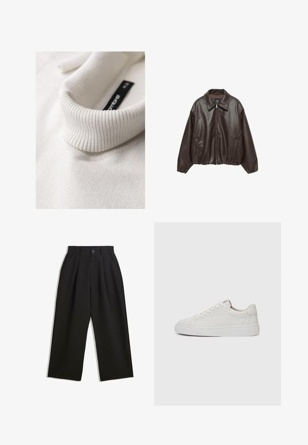 Hnědá faux kožená bunda se zipem vpředu, širokým límcem a vycpanými rukávy. Obsahuje žebrovaný lem a hladkou texturu.; Bílý, žebrovaný rolák v detailním záběru, který zdůrazňuje jeho strukturu a skladby límce.; Černé kalhoty s uvolněným střihem, s průhyby v přední části, bočními kapsami a zapínáním na knoflík. Vyrobené z texturované látky.; Bílé kožené nízké tenisky s kulatou špičkou, plochou bílou gumovou podrážkou a minimalistickým detailem prošívání. Tkaničky upevněné skrze šest očíček.