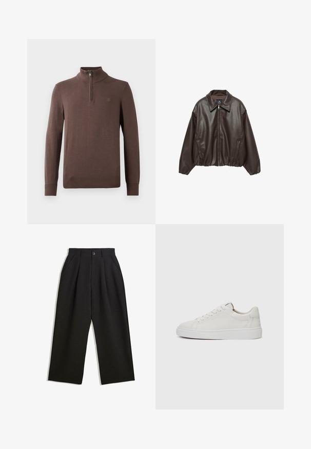 Geaca din piele ecologică maro, cu fermoar în față, guler larg și mâneci bufante. Dispune de un tiv côt și o textură netedă.; pulover tricotat maroniu, cu guler înalt și fermoar pe un sfert. Are mansete și tiv cu nervuri, cu un detaliu mic cu logo pe piept.; Pantaloni negri cu o croială lejeră, având pliuri în față, buzunare laterale și închidere cu buton. Fabricat dintr-un material texturat.; Adidași albi din piele, cu vârful rotund, talpă din cauciuc alb plat și detalii de cusătură minimaliste. Șireturile sunt fixate prin șase ochiuri.