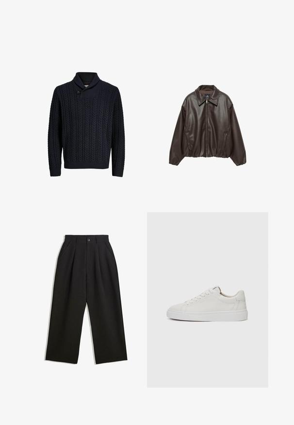 Hnědá faux kožená bunda se zipem vpředu, širokým límcem a vycpanými rukávy. Obsahuje žebrovaný lem a hladkou texturu.; Námořnický modrý pletený svetr s šálovým límcem, zdobený texturovaným kabelovým vzorem, s jedním knoflíkem a žebrovanými manžetami a spodním lemem.; Černé kalhoty s uvolněným střihem, s průhyby v přední části, bočními kapsami a zapínáním na knoflík. Vyrobené z texturované látky.; Bílé kožené nízké tenisky s kulatou špičkou, plochou bílou gumovou podrážkou a minimalistickým detailem prošívání. Tkaničky upevněné skrze šest očíček.