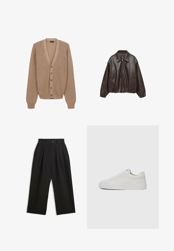 Giacca in similpelle marrone con zip frontale, colletto ampio e maniche a sbuffo. Presenta un orlo a costine e una texture liscia.; Cardigan beige realizzato in tessuto a maglia, con scollo a V, maniche lunghe e sei bottoni scuri sulla parte anteriore. Orlo e polsini a costine.; Pantaloni neri con una vestibilità comoda, caratterizzati da pieghe frontali, tasche laterali e chiusura con bottone. Realizzati in tessuto testurizzato.; Sneakers bianchi in pelle, modello low-top, con punta rotonda, suola piatta in gomma bianca e dettagli di cucitura minimalista. Lacci fissati attraverso sei occhielli.