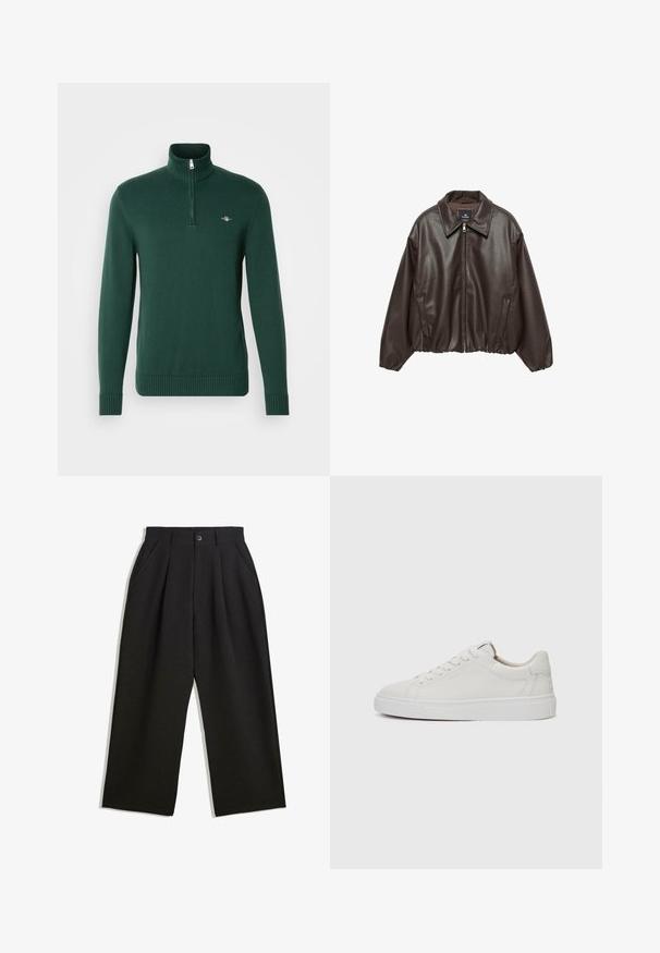 Geaca din piele ecologică maro, cu fermoar în față, guler larg și mâneci bufante. Dispune de un tiv côt și o textură netedă.; GANT CASUAL HALF ZIP - Pulover - tartan green; Pantaloni negri cu o croială lejeră, având pliuri în față, buzunare laterale și închidere cu buton. Fabricat dintr-un material texturat.; Adidași albi din piele, cu vârful rotund, talpă din cauciuc alb plat și detalii de cusătură minimaliste. Șireturile sunt fixate prin șase ochiuri.