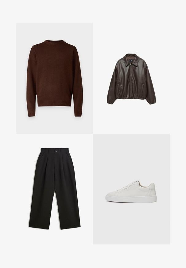 Veste en cuir synthétique marron avec fermeture éclair à l'avant, grand col et manches bouffantes. Elle présente un ourlet côtelé et une texture lisse.; Pull en maille marron avec un col rond, des manches longues et des poignets côtelés. Le matériau est texturé, offrant un aspect doux.; Pantalons noirs à coupe décontractée, avec des plis à l'avant, des poches latérales et une fermeture à bouton. Fabriqués en tissu texturé.; Baskets blanches en cuir, à tige basse, avec un bout rond, une semelle en caoutchouc blanc plate et des détails de couture minimalistes. Lacets maintenus par six œillets.