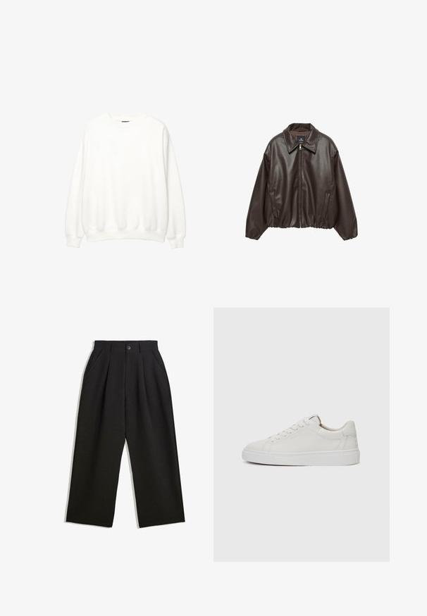 Brahkasta usnjena jakna z zadrgo spredaj, širokim ovratnikom in napihnjenimi rokavi. Ima riban rob in gladko teksturo.; Bela majica s kapuco, kroj s okroglim izrezom, dolgi rokavi, sproščen kroj. Mehka tkanina z rebrastimi manšetami in robom. Minimalističen dizajn, brez vidnih logotipov ali vzorcev.; Črne hlače z sproščenim krojem, z naborki spredaj, stranskimi žepi in gumbom za zapiranje. Narejene so iz strukturirane tkanine.; Bele usnjene superge z nizkim zgornjim delom, okroglo konico, ravnim belim gumijastim podplatom in minimalističnimi šivi. Šnure so pritrjene skozi šest lukenj.