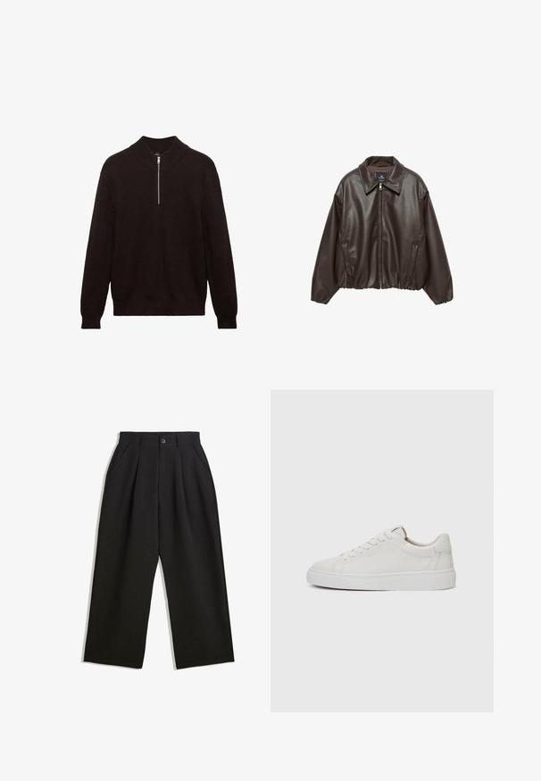 Hnědá faux kožená bunda se zipem vpředu, širokým límcem a vycpanými rukávy. Obsahuje žebrovaný lem a hladkou texturu.; Tmavě hnědý pletený svetr s vysokým límcem, rozepínáním na čtvrtinu a vroubkovanou strukturou. Má dlouhé rukávy a volný střih.; Černé kalhoty s uvolněným střihem, s průhyby v přední části, bočními kapsami a zapínáním na knoflík. Vyrobené z texturované látky.; Bílé kožené nízké tenisky s kulatou špičkou, plochou bílou gumovou podrážkou a minimalistickým detailem prošívání. Tkaničky upevněné skrze šest očíček.