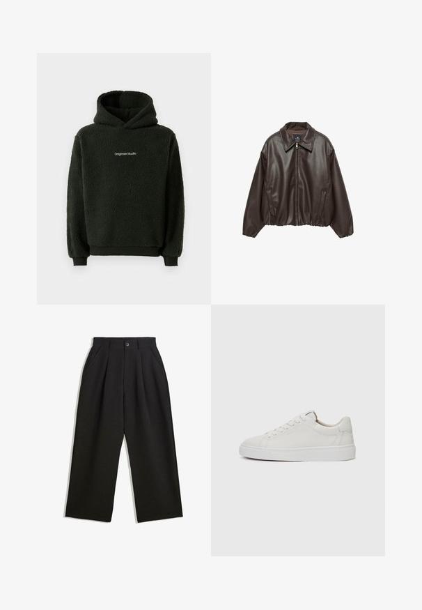 Ruskea tekonahkainen takki, jossa on vetoketjulli etuosa, leveä kaulus ja puffattuja hihoja. Varustettu ribbireunalla ja sileällä pinnalla.; Mustap fleecetakki, jossa on teksturoitu pinta, etupuolella kengurutasku ja rinta-alueella logo. Huppumalli, jossa on joustavat hihansuut.; Musta housut rentoa istuvuutta, joissa on laskoksia edessä, sivutaskut ja nappisuljenta. Valmistettu teksturoidusta kankaasta.; Valkoiset nahkaiset matalakärkiset lenkkarit, joissa on pyöreä kärki, litteä valkoinen kumipohja ja minimalistinen ommel yksityiskohtana. Nauhat on kiinnitetty kuuden silmukan läpi.