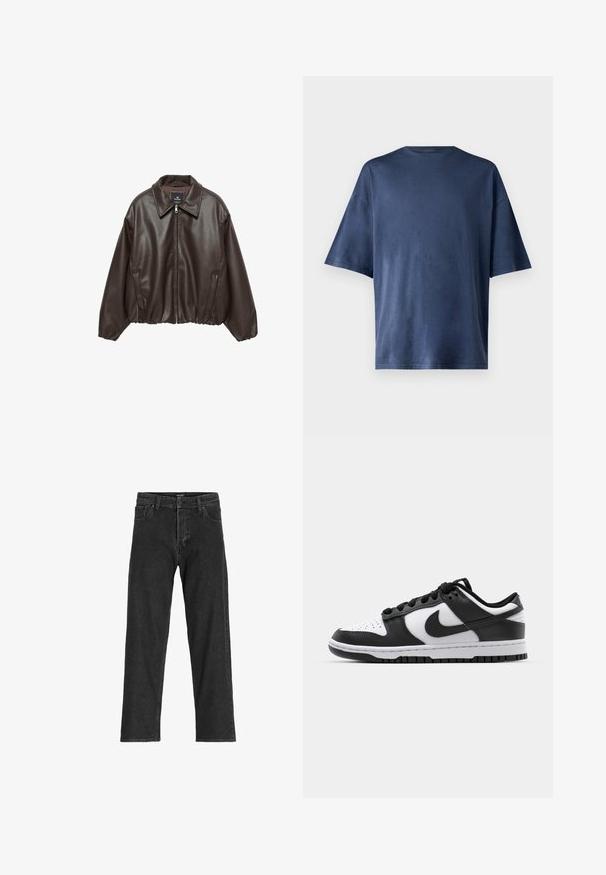 Barna műbőr dzseki cipzárral az elején, széles gallérral és puffos ujjal. Bordázott alja és sima textúra jellemzi.; Tengerészkék, rövid ujjú póló, puha anyagból készült, klasszikus kerek nyakkal és laza szabással, látható minták vagy díszítések nélkül.; Fekete farmernadrág egyenes szárú dizájnnal, cipzáras záródással, övhurkokkal és hat zsebbel, tartós pamut keverékből készült.; Fekete-fehér Nike Dunk sportcipők, bőr felső résszel, perforált orrral, fekete fűzőkkel és fekete gumitalppal, amelyen barázdás minta található.