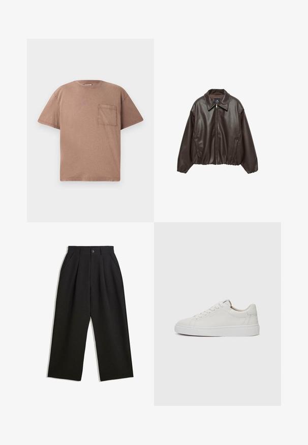 Brun kunstlæderjakke med lynlås foran, bred krave og puffede ærmer. Har ribbet kant og glat tekstur.; Kortærmet t-shirt med rund hals i lys brun bomuld, der har en enkelt brystlomme og en subtil struktur. Lige pasform med rene kanter.; Sorte bukser med en afslappet pasform, der har plisseringer foran, sidelommer og knaplukning. Fremstillet af tekstureret stof.; Hvide læder sneakers med lav skæft, rund tå, flad hvid gummisål og minimalistisk sømdetalje. Snørebånd sikret gennem seks snørrehuller.