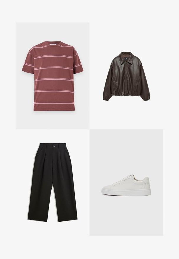 Ruskea tekonahkainen takki, jossa on vetoketjulli etuosa, leveä kaulus ja puffattuja hihoja. Varustettu ribbireunalla ja sileällä pinnalla.; T-paita burgundinpunaisena, jossa on vaakasuoria vaaleanpunaisia raitoja, pyöreä kaula-aukko, lyhyet hihat ja rento istuvuus. Valmistettu pehmeästä puuvillamateriaalista.; Musta housut rentoa istuvuutta, joissa on laskoksia edessä, sivutaskut ja nappisuljenta. Valmistettu teksturoidusta kankaasta.; Valkoiset nahkaiset matalakärkiset lenkkarit, joissa on pyöreä kärki, litteä valkoinen kumipohja ja minimalistinen ommel yksityiskohtana. Nauhat on kiinnitetty kuuden silmukan läpi.