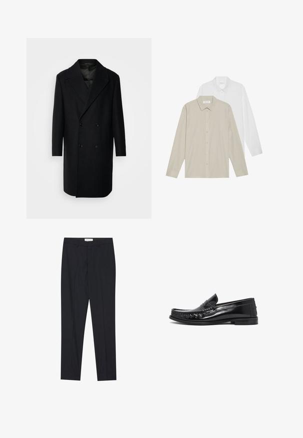 Isaac Dewhirst OVERSIZED COAT - Classic coat - black; Two long-sleeve shirts: one in white fabric, the other in beige with thin vertical stripes. Both feature button-down collars and cuffs.; Black tailored trousers with a flat front, regular fit, made of smooth fabric, featuring pressed pleats and side pockets.; Black leather loafers with a sleek design, textured front, and decorative stitching. Flat sole with a polished finish and minimal accents.