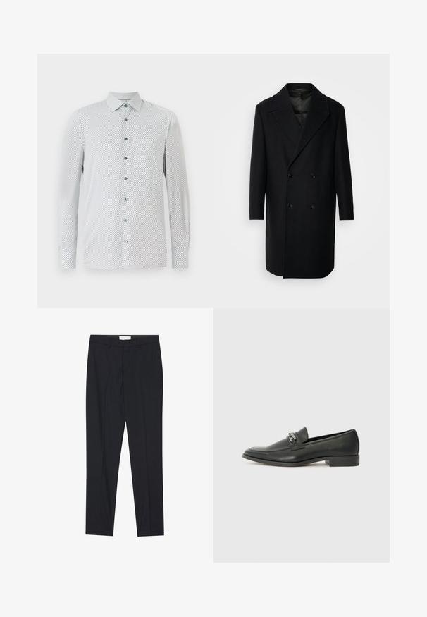 Isaac Dewhirst OVERSIZED COAT - Manteau classique - black; Chemise blanche à manches longues avec un petit motif géométrique noir, des boutons verts et un col pointu. Coupe régulière avec des poignets boutonnés.; Pantalons noirs ajustés avec un devant plat, coupe régulière, en tissu lisse, avec des plis pressés et des poches latérales.; Mocassin en cuir noir avec une finition lisse, présentant un design cousu et une accent décoratif en chaîne métallique sur le rand. Talon plat.