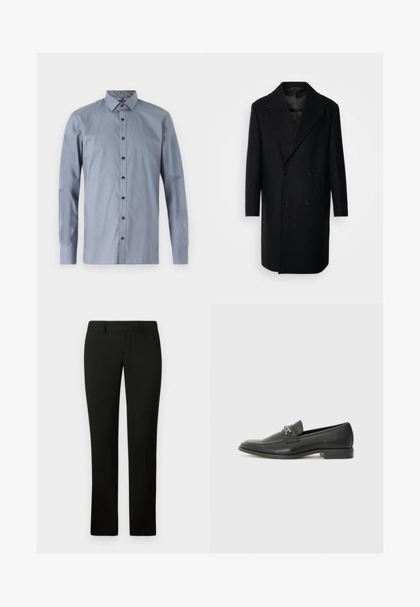 Isaac Dewhirst OVERSIZED COAT - Klasikinis paltas - black; Pilkas ilgomis rankovėmis marškinis, pagamintas iš lygaus audinio. Funkcijos juodi mygtukai ir raštuota apykaklės vidaus pamušalas. Nėra matomų logotipų ar akcentų.; Juodos kelnės su pritaikytu šiuolaikiniu siluetu, pasižyminčios sklandžiu paviršiumi ir tiesaus kirpimo dizainu. Juosmuo turi diržo kilpas ir tvarkingą apdailą.; Juodos odinės loafer tipo bateliai su lygiu paviršiumi, turintys siuvinėtą dizainą ir dekoratyvų metalo grandinėlės akcentą ant batų viršaus. Plokščias kulnas.