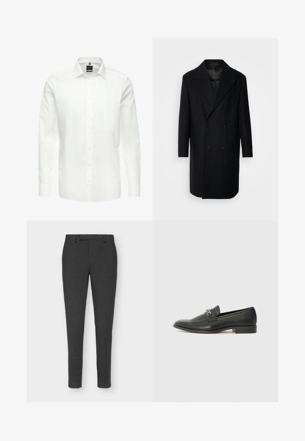 Isaac Dewhirst OVERSIZED COAT - Klassikaline mantel - black; Valge pikkade varrukatega särk, nööpidega ees, klassikaline kaelus, sile puuvillane kangas, kerge, peene õmblusega ja ilma mustriteta.; Tumehallid kohandatud püksid, mis on valmistatud tekstureeritud kangast, koos nööbi- ja tõmbluku sulgemise, vöödega ja kitsaste lõigetega.; Must haveate nahkking punased, millel on sile viimistlus, tikitud muster ja dekoratiivne metallkett vampi üle. Tasane konts.