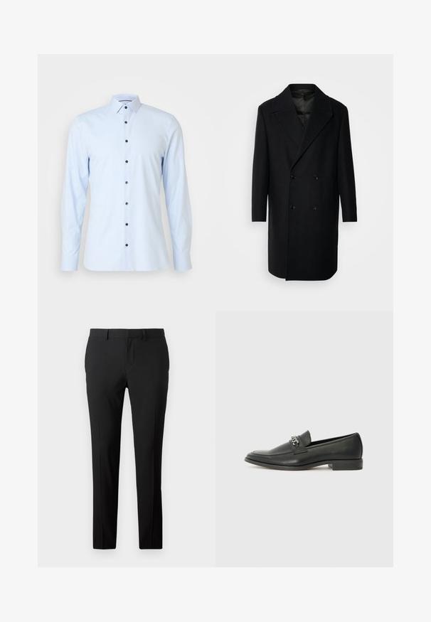 Isaac Dewhirst OVERSIZED COAT - Klasisks mētelis - black; Gaiši zila garenā piedurkņu krekls, kas izgatavots no gludas auduma, ar tradicionālo apkakli un tumši ziliem pogām, kas iet uz leju pa priekšpusi.; Pielāgotas melnas bikses gludā audumā. Ievērojama taisnu kāju dizains, priekšējās krokas un josta cilpas, lai varētu pielāgot izmēru.; Melna ādas loafer izmēra apavi ar gludu virsmu, piedāvā ar šūtu dizainu un dekoratīvu metāla ķēdes akcentu pār vampu. Plakana papēža daļa.