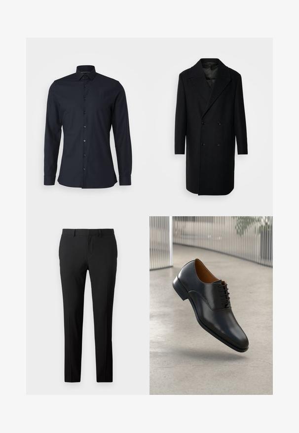 Isaac Dewhirst OVERSIZED COAT - Klasikinis paltas - black; Tamsiai mėlynas marškinėlių mygtukais švarkas su klasikinėmis apykaklėmis, ilgomis rankovėmis ir lygiu medvilnės audiniu. Priekyje yra atitinkami mygtukai.; Suknelės juodos kelnės iš lygaus audinio. Turi tiesių kojų dizainą, priekinės klostes ir diržo kilpas, leidžiančias reguliuoti dydį.; Juodas odinis suknelės batas su lygia apdaila, smailiu ponu ir su raišteliais. Yra subtilus siūlas palei padą.