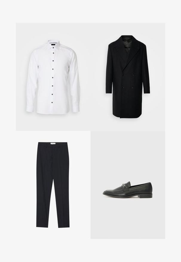 Isaac Dewhirst OVERSIZED COAT - Klasisks mētelis - black; OLYMP No. Six SIX SUPER SLIM - Formāls krekls - weiss; Melni pielāgoti bikses ar taisnu priekšpusi, regulāra piegriezuma, izgatavotas no gluda auduma, ar presētām krokām un sānu kabatām.; Melna ādas loafer izmēra apavi ar gludu virsmu, piedāvā ar šūtu dizainu un dekoratīvu metāla ķēdes akcentu pār vampu. Plakana papēža daļa.