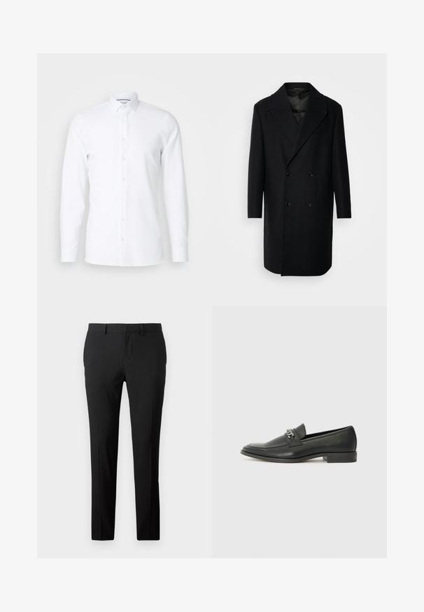 Isaac Dewhirst OVERSIZED COAT - Klasisks mētelis - black; Balta garām piedurknēm krekls, izgatavots no gludas auduma, ar norādītu apkakli un pogu aizdari priekšā. Bez rakstiem vai rotājumiem.; Pielāgotas melnas bikses gludā audumā. Ievērojama taisnu kāju dizains, priekšējās krokas un josta cilpas, lai varētu pielāgot izmēru.; Melna ādas loafer izmēra apavi ar gludu virsmu, piedāvā ar šūtu dizainu un dekoratīvu metāla ķēdes akcentu pār vampu. Plakana papēža daļa.