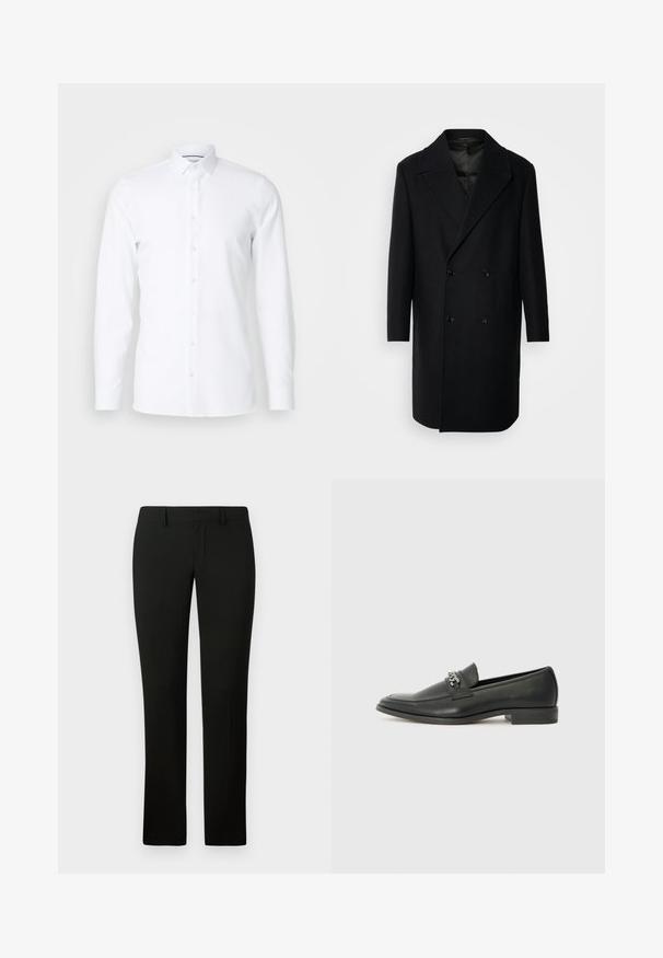 Isaac Dewhirst OVERSIZED COAT - Cappotto classico - black; Camicia da uomo bianca a maniche lunghe, realizzata in tessuto liscio, con colletto a punta e chiusura frontale con bottoni. Senza fantasie né decorazioni.; Pantaloni neri con una vestibilità sartoriale, caratterizzati da una superficie liscia e un design a gamba dritta. La vita ha passanti per la cintura e una finitura pulita.; Mocassino in pelle nera con finitura liscia, caratterizzato da un design cucito e da un accento decorativo in catena metallica sul vamp. Tacco piatto.