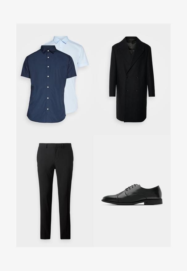 Isaac Dewhirst OVERSIZED COAT - Abrigo clásico - black; Camisas de botones de manga corta, una de color marino y otra de color azul claro, con cuellos, una tapeta delantera y una textura de tela suave.; Pantalones negros a medida en una tela suave. Presentan un diseño de pierna recta, pliegues frontales y trabillas para cinturón para un tamaño ajustable.; Zapato de vestir de cuero negro con punta redondeada, diseño con cordones, detalles de costura sutiles y un tacón bajo. Textura suave con acabado pulido.