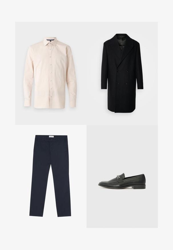 Isaac Dewhirst OVERSIZED COAT - Klassikaline mantel - black; Helebež nööpidega särk, pikad varrukad, klassikaline krae, sile kangas, valged nööbid, mustriline krae sisekujundus.; Tumedad sinised puuvillased chinos, millel on sile tekstuur, suletav lukuga, vöödetailid ja küljetaskud praktilisuse tagamiseks.; Must haveate nahkking punased, millel on sile viimistlus, tikitud muster ja dekoratiivne metallkett vampi üle. Tasane konts.