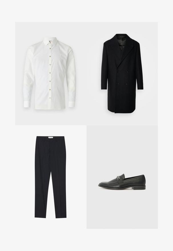 Isaac Dewhirst OVERSIZED COAT - Klasszikus kabát - black; Fehér, hosszú ujjas ing sima anyagból, hegyes gallérral, elől gombos, világosbarna gombokkal és mandzsettás ujjal.; Fekete, szabott nadrág, lapos elejű, normál szabású, sima anyagból készült, gyűrt pliszével és oldalsó zsebekkel.; Fekete bőr loaferek sima felülettel, varrott mintával és díszítő fém lánccal a cipő elején. Lapos sarok.