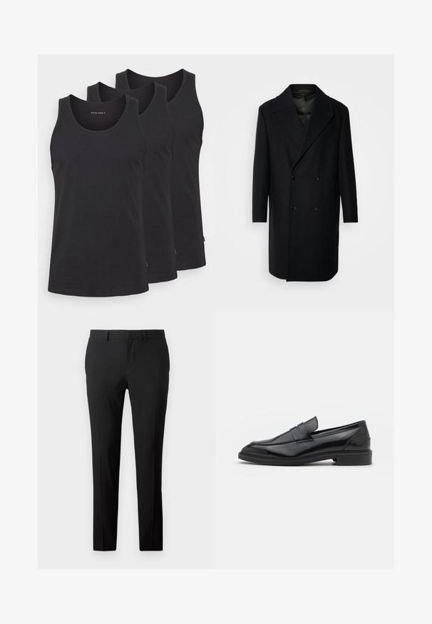 Isaac Dewhirst - Klasyczny płaszcz; Czarne bawełniane topy na ramiączkach w zestawie trzech sztuk. Posiadają okrągły dekolt, bez rękawów i prosty dół. Gładka textura, minimalne logo.; Dopasowane czarne spodnie z gładkiego materiału. Posiadają prostą nogawkę, fałdy z przodu oraz szlufki na pasek, co umożliwia regulację rozmiaru.; Czarne skórzane mokasyny o gładkim wykończeniu, z zaokrąglonym noskiem i wąskim paskiem na górze. Niski, warstwowy obcas.