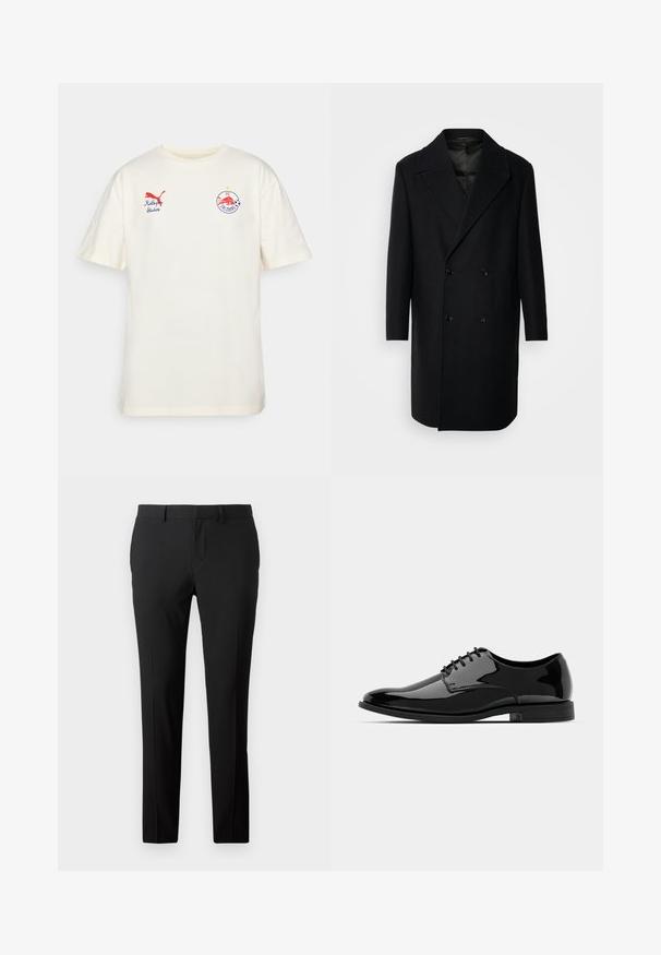 Isaac Dewhirst OVERSIZED COAT - Klasisks mētelis - black; Krēmkrāsas kokvilnas T-kreklis ar īsām piedurknēm. Priekšā ir sarkanais Puma logotips un izšūtais FC Salzburg ģerbonis. Apaļš kakla izmērs.; Pielāgotas melnas bikses gludā audumā. Ievērojama taisnu kāju dizains, priekšējās krokas un josta cilpas, lai varētu pielāgot izmēru.; Melna laika kurpe no patentētās ādas ar noapaļotu purngalu, aukliņu dizainu un gludu, spīdīgu virsmu. Aprīkota ar zemu profilu gumijas zoli.