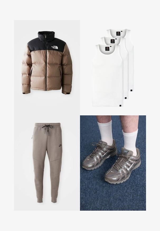Jakna od umjetnog krzna s crnim gornjim dijelom i svijetlosmešanim donjim dijelom, sa prednjim zatvaračem, bočnim džepovima i logom na prsima.; Tri bijele rebraste majice bez rukava od pamuka. Imaju okrugli izrez i male crne oznake blizu rubova. Dostupne su u više veličina.; Sive Nike trenirke s elastičnim pojasom, suženi nogavi, bočnim džepovima i izraženim šavom. Mekani, teksturirani materijal.; Nike tenisice u smešnim i sivim tonovima sa mrežastim i sintetičkim gornjim delom, s reflektirajućim akcentima, vezicama i mekanim đonom.