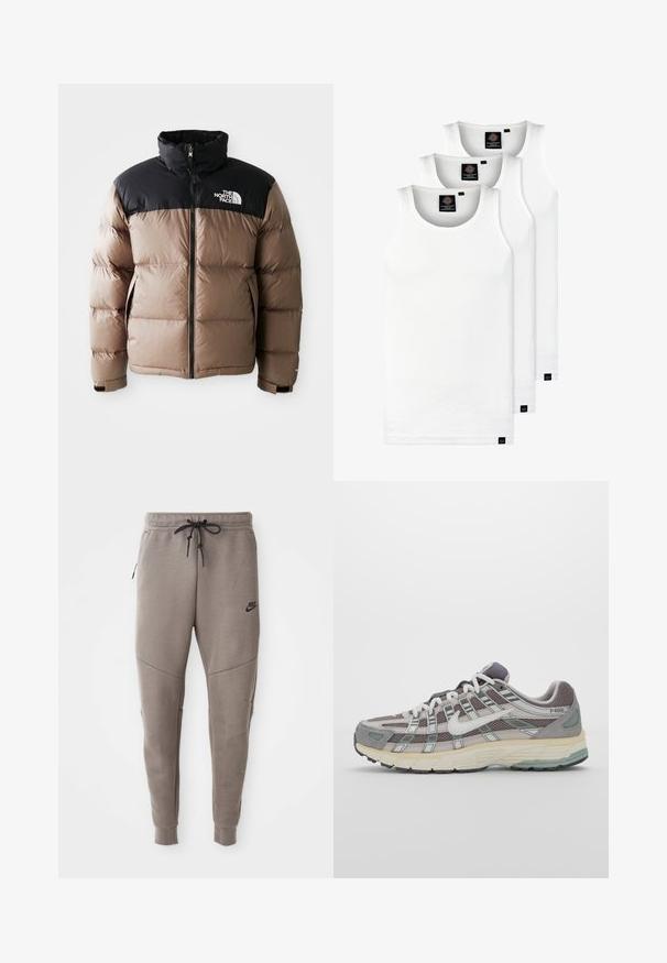 Puffjacka med en svart övre del och ljusbrun nedre del, med dragkedja fram, sidofickor och en logotyp på bröstet.; Tre vita ribbade linnen i bomull. Har rund halsringning och små svarta etiketter vid fållen. Finns i flera storlekar.; Grå Nike sweatpants med dragsko i midjan, avsmalnande ben, sidofickor och tydlig sömdekoration. Mjuk, strukturerad tyg.; Grå atletiska sko med en överdel av mesh och mocka, vita accenter, en vadderad sula och en unik design med reflekterande element.