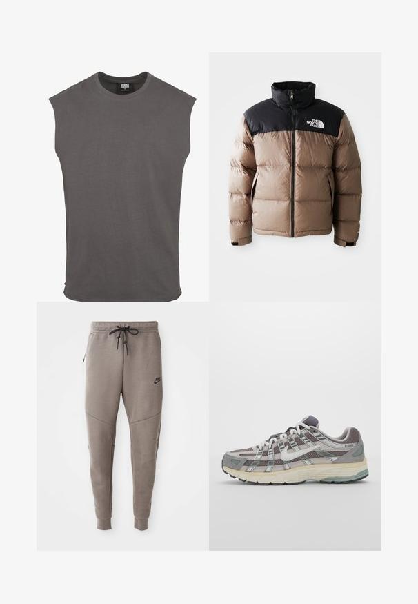 Puffermantel mit einem schwarzen oberen Teil und einem hellbraunen unteren Teil, ausgestattet mit einem Reißverschluss vorne, Seitentaschen und einem Logo auf der Brust.; Graues Baumwoll-T-Shirt mit kurzen Ärmeln, Rundhalsausschnitt und lockerer Passform. Schlichte Gestaltung, weiche Textur, keine Muster oder sichtbaren Beschläge.; Graue Nike-Sweatpants mit einem Kordelzugbund, schmal zulaufenden Beinen, seitlichen Taschen und auffälliger Nahtgestaltung. Weicher, strukturiert Stoff.; Grauer Sportschuh mit einem Obermaterial aus Mesh und Wildleder, weißen Akzenten, einer gepolsterten Sohle und einem charakteristischen Design mit reflektierenden Elementen.