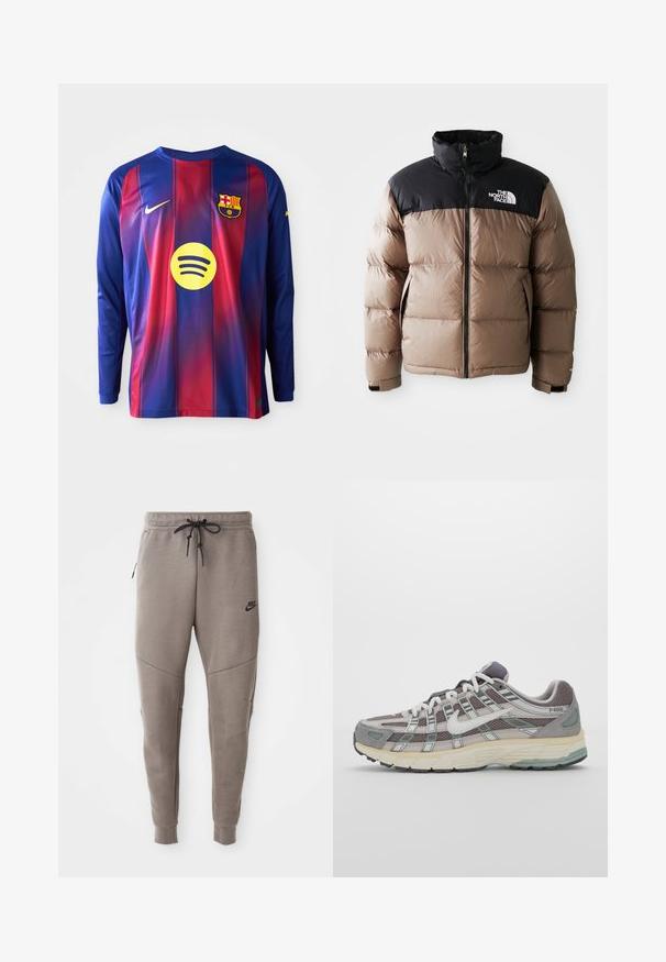 Bundička s kapucňou s čiernou hornou časťou a svetlohnedou spodnou časťou, s predným zipsom, bočnými vreckami a logom na hrudi.; Futbalový dres s dlhými rukávmi, ktorý má modré a červené vertikálne pruhy, logo Nike, znak Barcelony a okrúhle logo Spotify v strede.; Sivé tepláky Nike s nastaviteľným pásom, zúženými nohavicami, bočnými vreckami a výrazným švom. Mäkká, textúrovaná látka.; Šedá športová obuv so zvrškom z nylonu a semišu, bielymi akcentmi, polstrovanou podrážkou a jedinečným dizajnom s reflexnými prvkami.