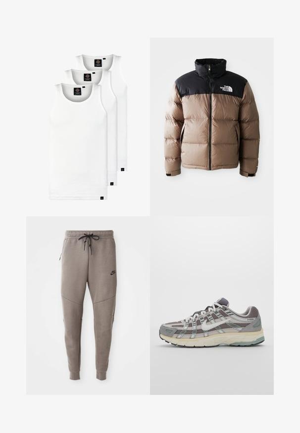 Kurtka puchowa z czarną górną częścią i jasnobrązowym dołem, z zamkiem błyskawicznym z przodu, bocznymi kieszeniami oraz logo na piersi.; Trzy białe prążkowane koszulki na ramiączkach wykonane z bawełny. Posiadają okrągły dekolt i małe czarne metki blisko dolnego brzegu. Dostępne w różnych rozmiarach.; Szare dresy Nike z elastycznym pasem ze sznurkowym zapięciem, zwężanymi nogawkami, bocznymi kieszeniami i wyraźnymi detalami szwów. Miękka, teksturowana tkanina.; Szare buty sportowe z siateczkowym i zamszowym wierzchem, białymi akcentami, amortyzowaną podeszwą oraz charakterystycznym designem z elementami odblaskowymi.