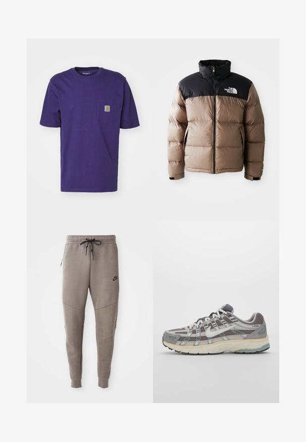 Pufinė striukė su juodu viršutiniu skyriumi ir šviesiai rudais apačiais, turinti priekinį užtrauktuką, šonines kišenes ir logotipą ant krūtinės.; Carhartt WIP POCKET - Paprasti marškinėliai - aura; Pilkos Nike kelnės su raišteliu liemenyje, siaurėjančiomis kojomis, šoninėmis kišenėmis ir išskirtiniais siūlų detalėmis. Minkšta, tekstūruota medžiaga.; Pilkas sportinis batas su tinklu ir zomšos viršutine dalimi, baltomis detalėmis, paminkštintu padu ir išskirtiniu dizainu su atspindinčiais elementais.