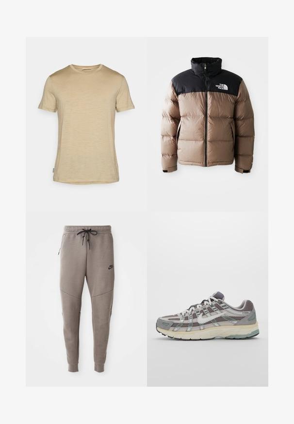 Kurtka puchowa z czarną górną częścią i jasnobrązowym dołem, z zamkiem błyskawicznym z przodu, bocznymi kieszeniami oraz logo na piersi.; Beżowa koszulka z krótkim rękawem wykonana z lekkiego materiału; ma okrągły dekolt oraz subtelną teksturę z prostym wykończeniem dołu.; Szare dresy Nike z elastycznym pasem ze sznurkowym zapięciem, zwężanymi nogawkami, bocznymi kieszeniami i wyraźnymi detalami szwów. Miękka, teksturowana tkanina.; Szare buty sportowe z siateczkowym i zamszowym wierzchem, białymi akcentami, amortyzowaną podeszwą oraz charakterystycznym designem z elementami odblaskowymi.