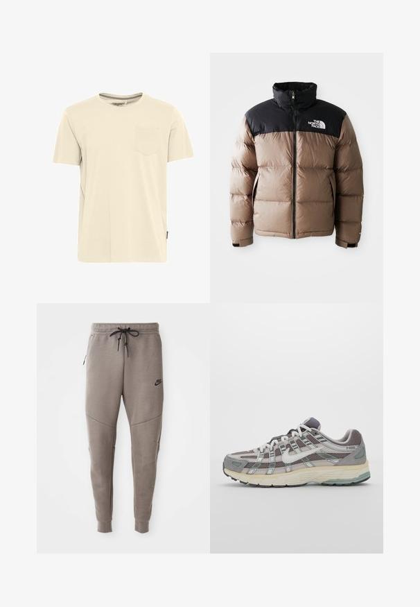 Puffer jacket with a black upper section and light brown lower part, featuring a front zipper, side pockets, and a logo on the chest.; Light beige short-sleeve t-shirt made of cotton, featuring a crew neck and a small left chest pocket. Textured collar detail.; Gray Nike sweatpants with a drawstring waistband, tapered legs, side pockets, and distinct seam detailing. Soft, textured fabric.; Gray athletic shoe featuring a mesh and suede upper, white accents, a cushioned sole, and a distinctive design with reflective elements.