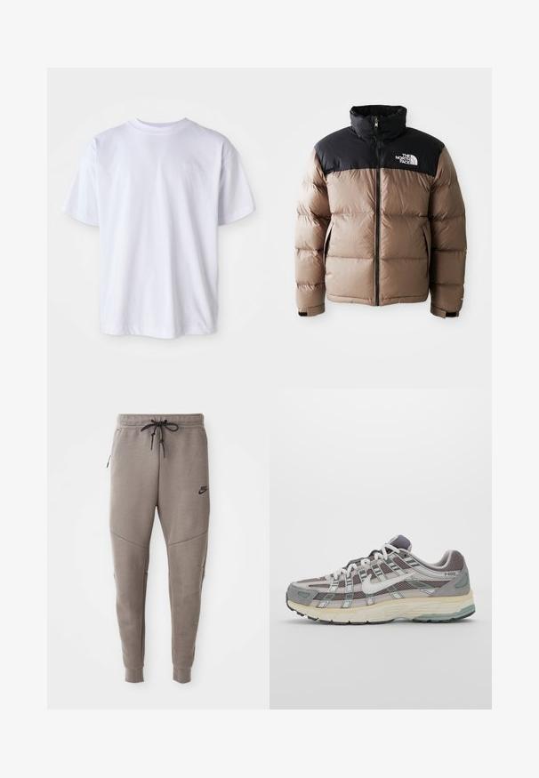 Geacă puffer cu o secțiune superioară neagră și partea inferioară de un maro deschis, având un fermoar frontal, buzunare laterale și un logo pe piept.; Tricou alb din bumbac cu guler rotund și mâneci scurte. Prezintă un logo subtil brodat în culoare asortată pe pieptul stâng.; Pantaloni de trening gri Nike cu un braț de strângere la talie, picioare conice, buzunare laterale și detalii de cusătură distincte. Material moale, texturat.; Pantofii sport gri sunt realizați dintr-un amestec de plasă și piele întoarsă, cu accente albe, o talpă bine îmbrăcată și un design distinctiv cu elemente reflectorizante.