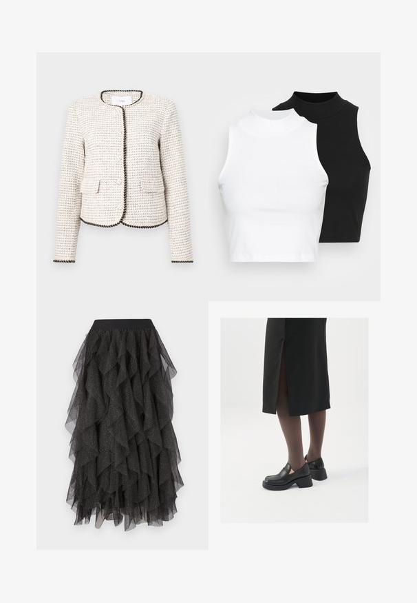 Fehér textúrált dzseki szőtt mintával, fekete szegéllyel az éleken és két elülső zsebbel. Kerek nyakú, hosszú ujjú.; Két ujjatlan, bordázott garbós top fekete és fehér színben, testhezálló kialakítással és sima textúrával, rövidített hosszal.; Fekete, réteges tüll szoknya fodros rétegekkel és csillogó, ezüst foltos mintával. Fekete elasztikus derékkal rendelkezik.; Fekete bőr cipők lekerekített orral, vastag blokk sarkakkal és elasztikus oldalsó díszítésekkel, sötét harisnyával és hasítékkal ellátott fekete szoknyával párosítva.