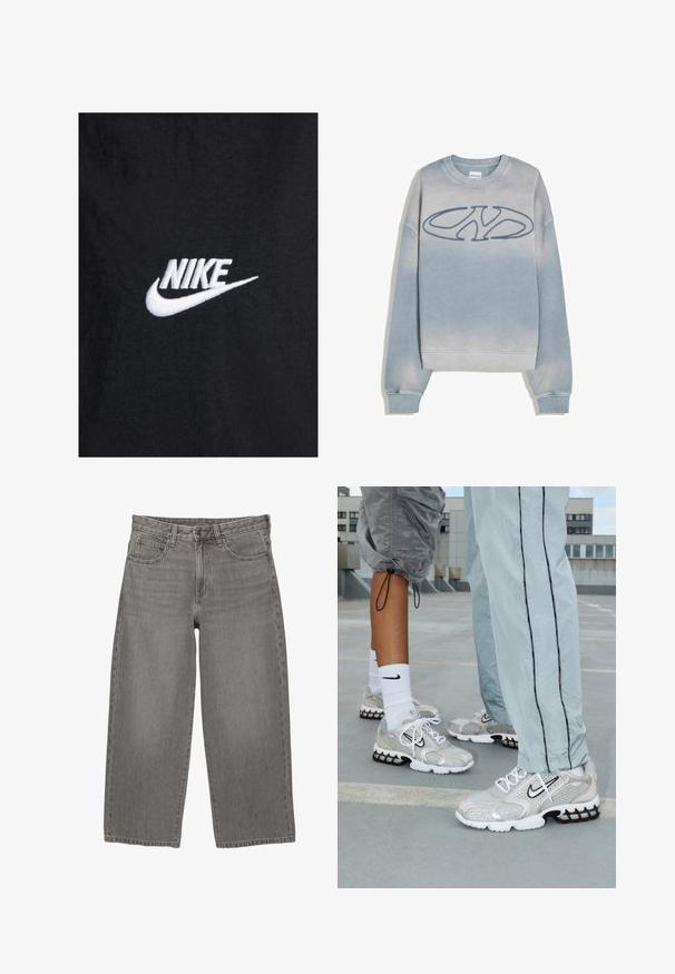 Svart bomull T-shirt med en vit broderad Nike-logotyp, klassisk rund halsringning och korta ärmar. Slät textur.; Ljusblå, urtvättad sweatshirt med ribbade ärmslut och nederkant, med en stor stiliserad "NY"-logotyp broderad på bröstet.; Långärmad t-shirt i ljusgrön bomull med rund hals, som har en liten orange och brun logotyp på vänster bröst.; Grå denimvid byxor med knäppning och dragkedja fram, bälteshällor och femficksdesign.; Nike träningsskor i silverfärgad nätmaterial, med vita snören, en svart swoosh-logotyp och en sula med luftkuddar i svart och röd.