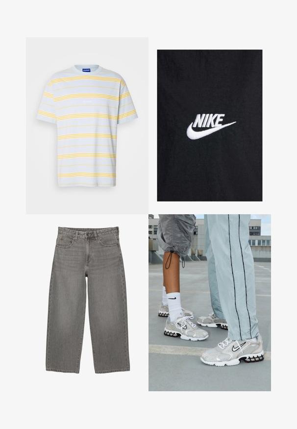 Musta puuvillainen t-paita, jossa on valkoinen brodeerattu Nike-logo, klassinen pyöreä kaula-aukko ja lyhyet hihat. Sileä pinta.; Vaaleansininen haalistunut college-paita, jossa on ribbimäiset hihansuut ja helma. Rinnassa on suurella tyylitellyllä "NY" -logolla brodeeraus.; Vaaleansininen puuvillapaita, jossa on va Horizontaaliset keltaiset raidat. Ominaisuuksia ovat pyöreä kaula-aukko ja valkoisella brodeerattu "HUGO" -logo edessä.; Harmaan farkkukangasta valmistetut väljät lahkeet, joissa on edessä nappi- ja vetoketjukiinnitys, vyölenkit ja viisi taskua.; Nike urheilukengät hopeisesta verkkomateriaalista, jossa on valkoiset nauhat, musta swoosh-logo ja musta-punainen ilmatyynypohja.